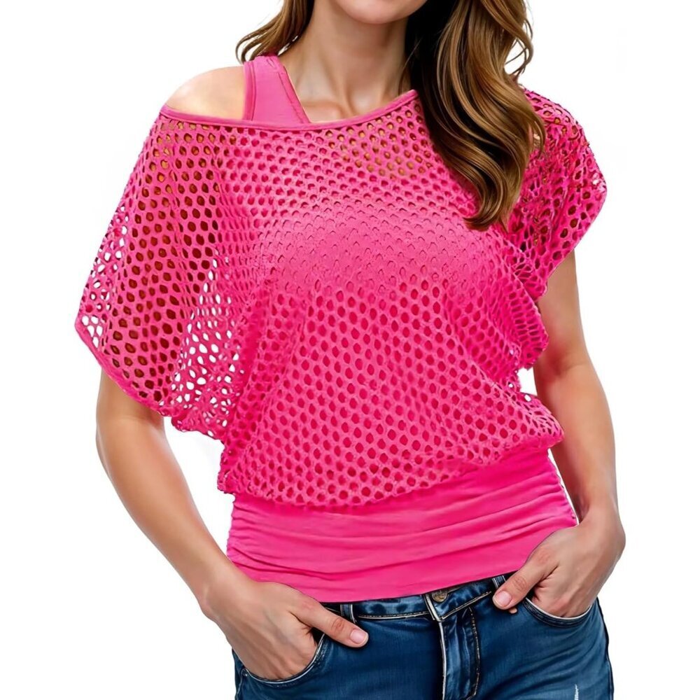 Women Fishnet Neon 2-Piece Set Off Shoulder T-Shirt Casual Party Wear